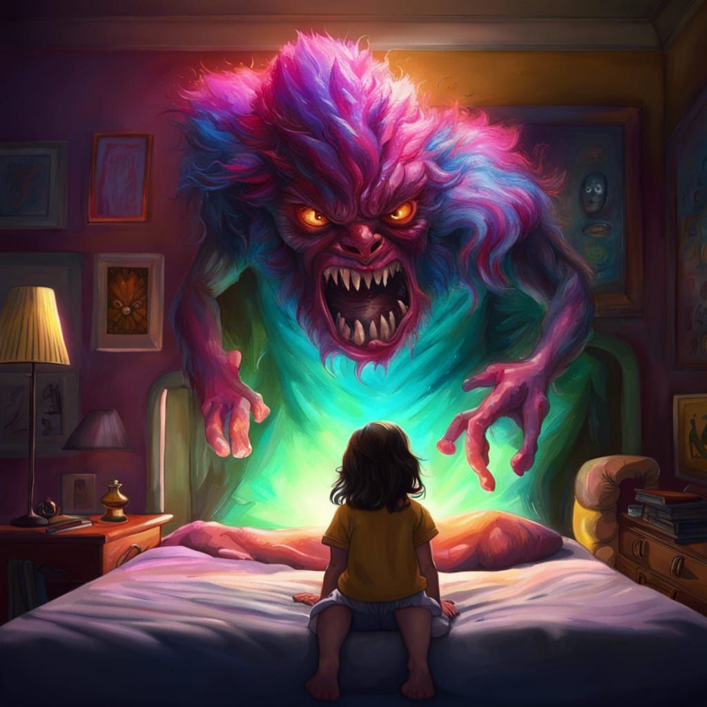 Friendly Monster Under Bed, Hyperrealistic Colorful Portrait