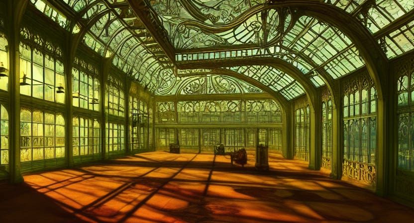 Victorian Greenhouse with Wisteria in Studio Ghibli Style