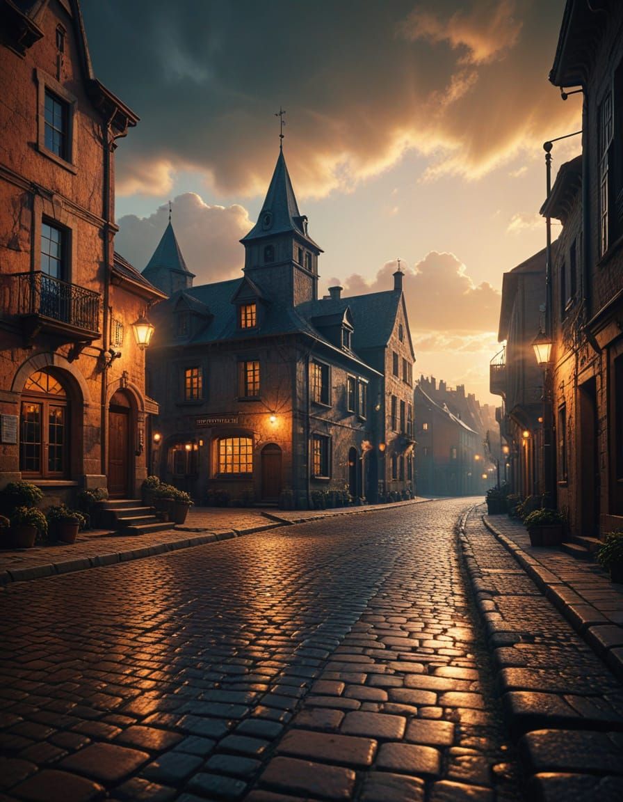 Epic Medieval Town Under Warm Sunset Glow