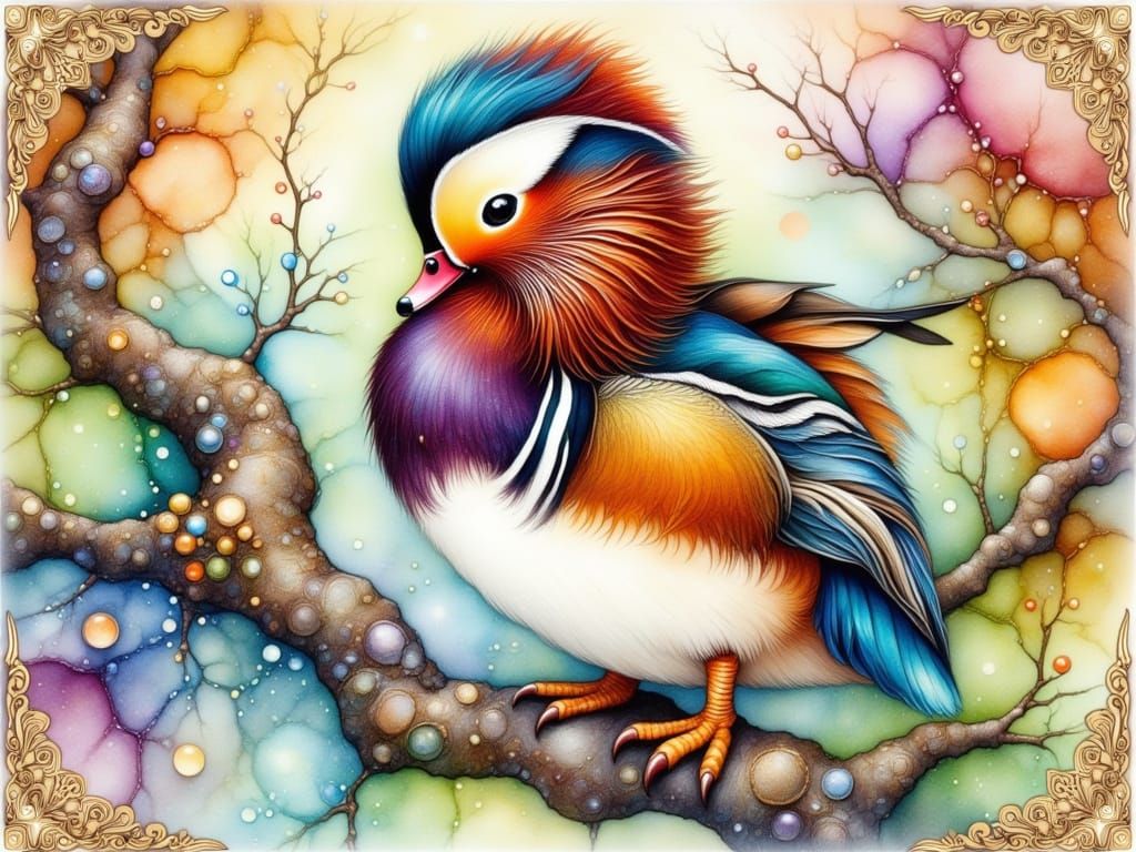 Mandarin Duck on Branch in Vibrant Watercolor