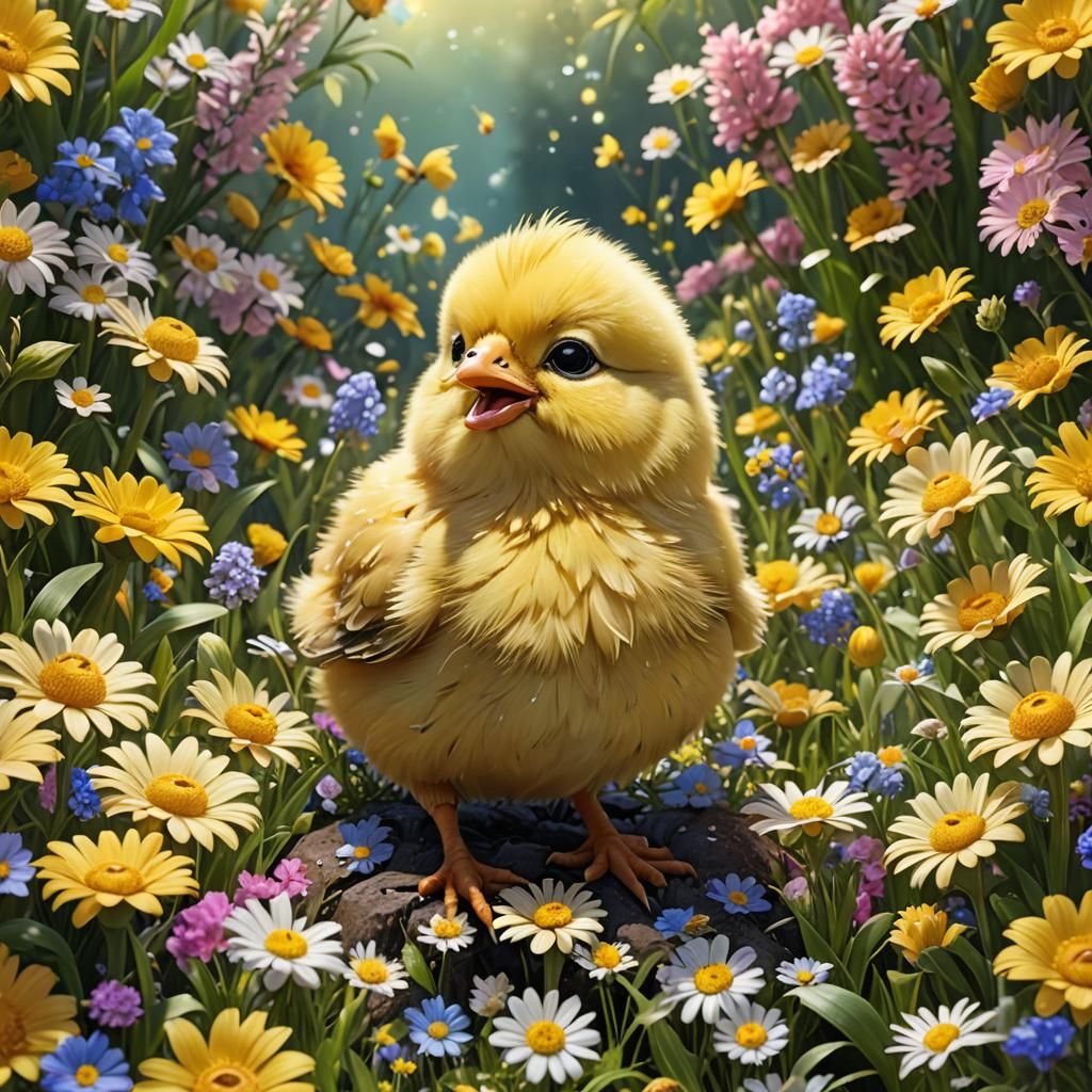 Happy Chick Among Spring Flowers in Detailed Art