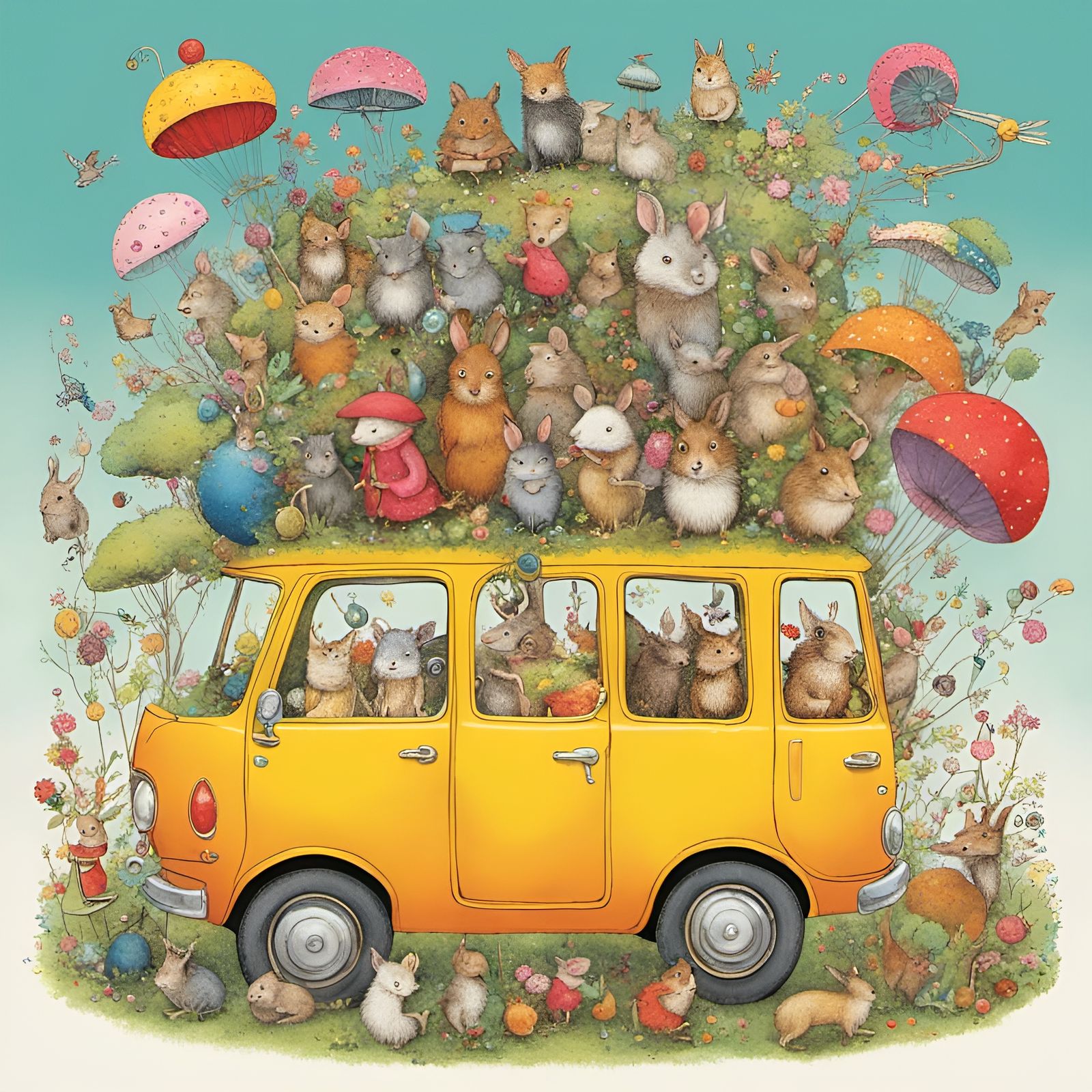 Whimsical Animal-Powered Vehicle in Detailed Illustration