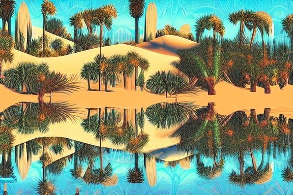 Desert Oasis Reflections in Fantasy Landscape Style