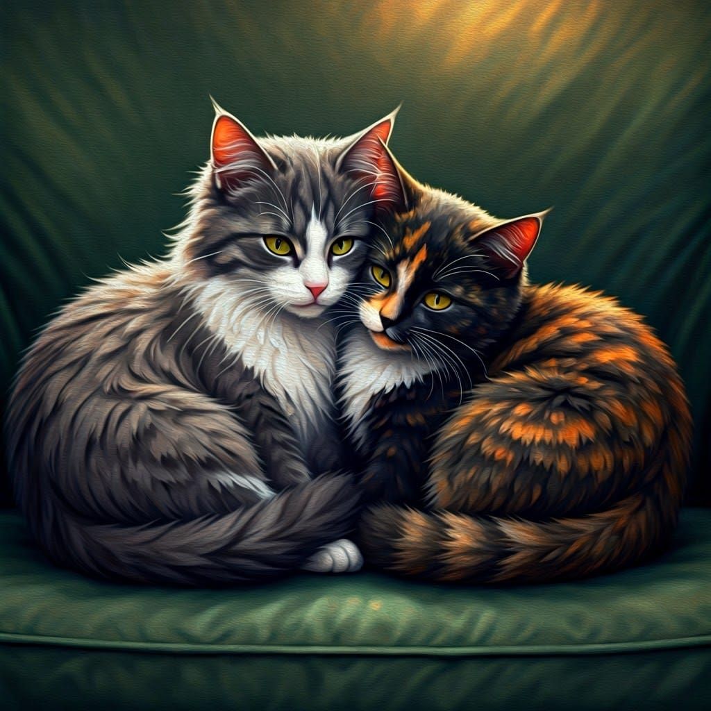 Affectionate Cats Snuggled Together, Oil Painting Style