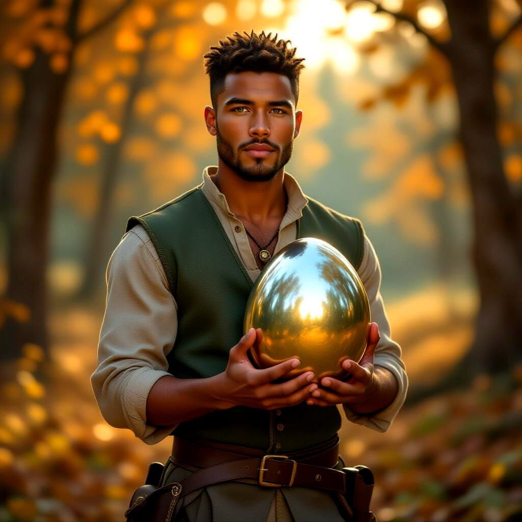 Fantasy Character Holding Dragon Egg in Autumn Forest