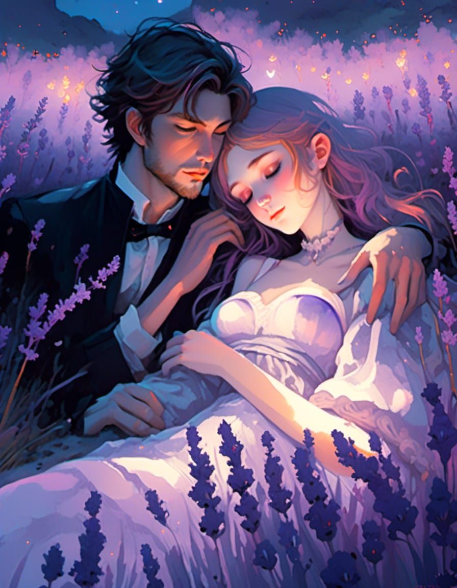 Romantic Couple in Bioluminescent Lavender Field