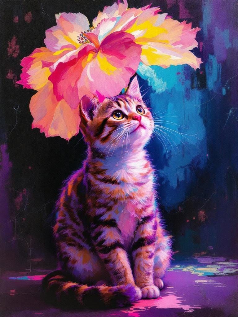 Cat Under Flower: Impasto Brushstrokes and K-Pop Colors