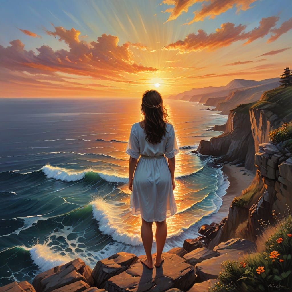 Woman Overlooking Sunset Ocean as Oil Painting