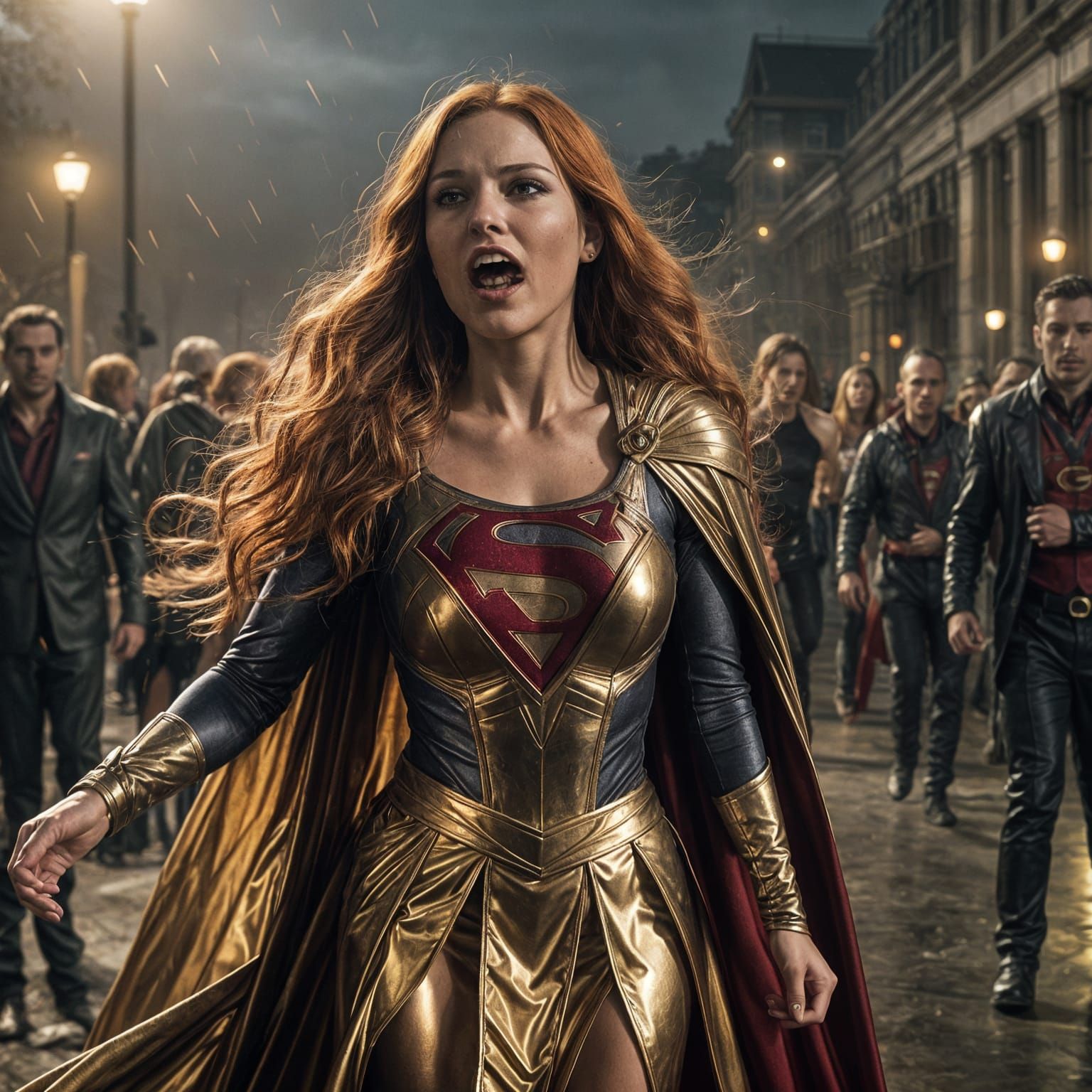Vampire Supergirl in Gold Outfit, Cinematic Film Still