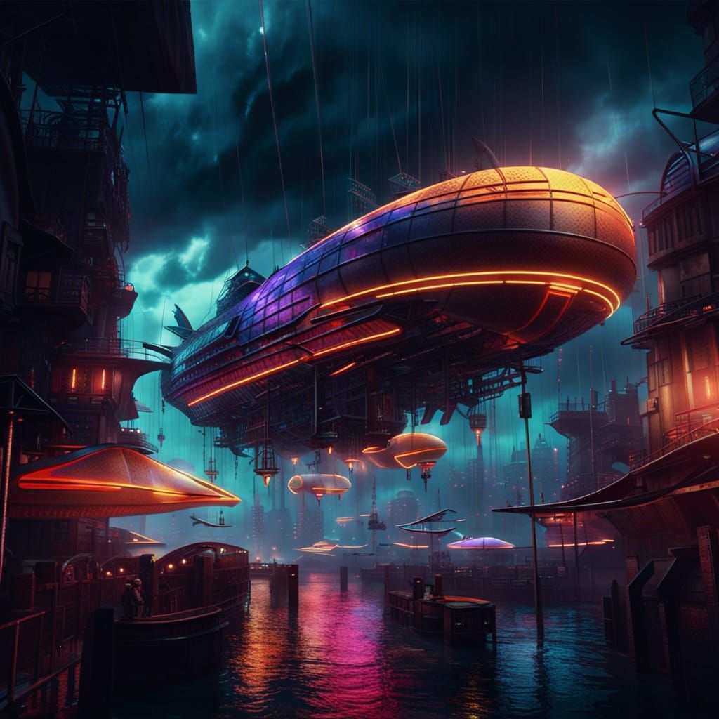 Airships with Sails in a Neon Future City