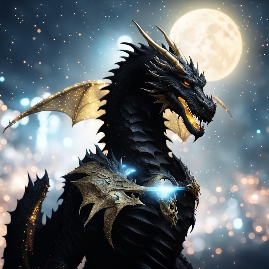 Armored Black Dragon Flight Amidst Bioluminescent Stars