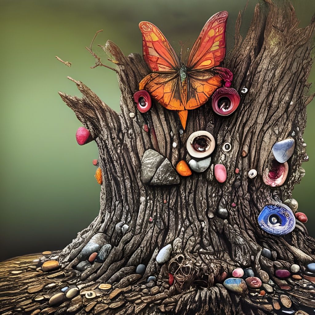 Pebbles on Tree Stump: Vivid Mixed Media Illustration