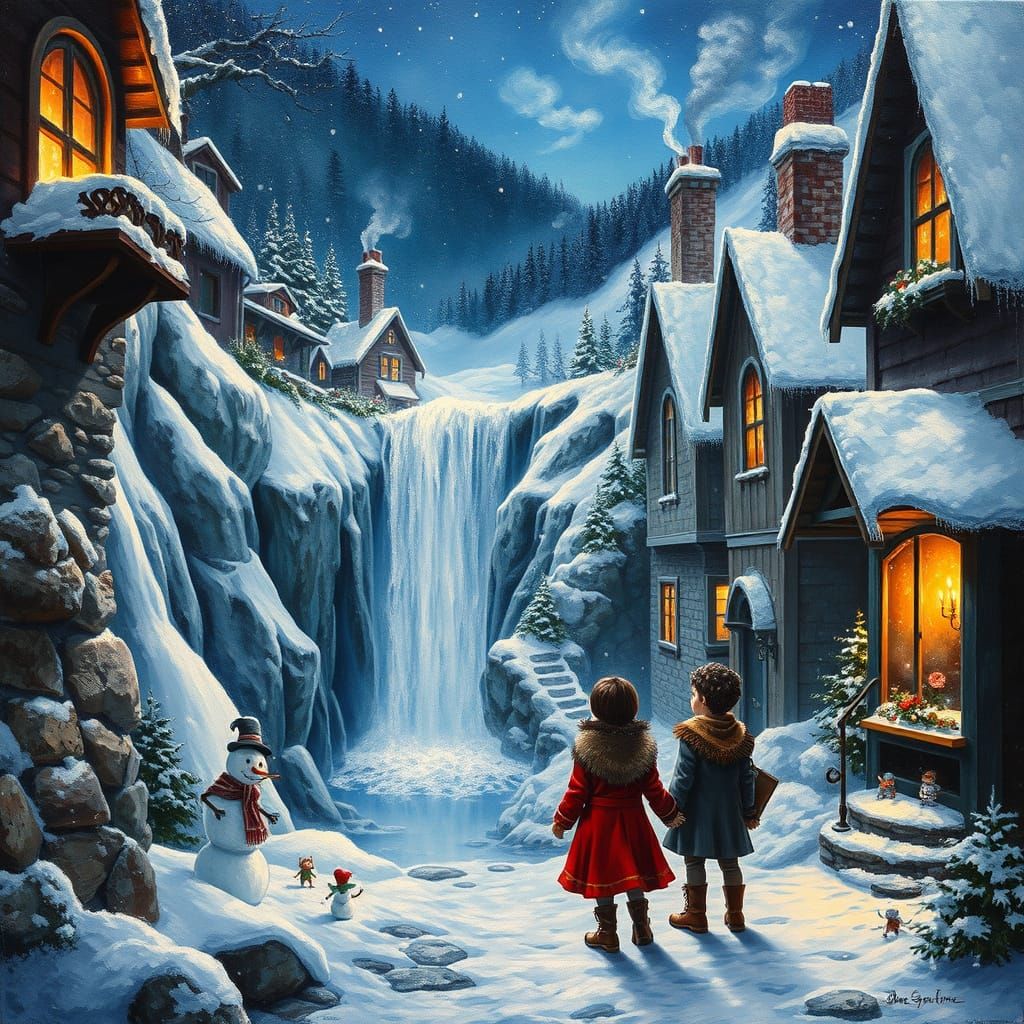 Magical Waterfall in Snowy Village with Elves and Children
