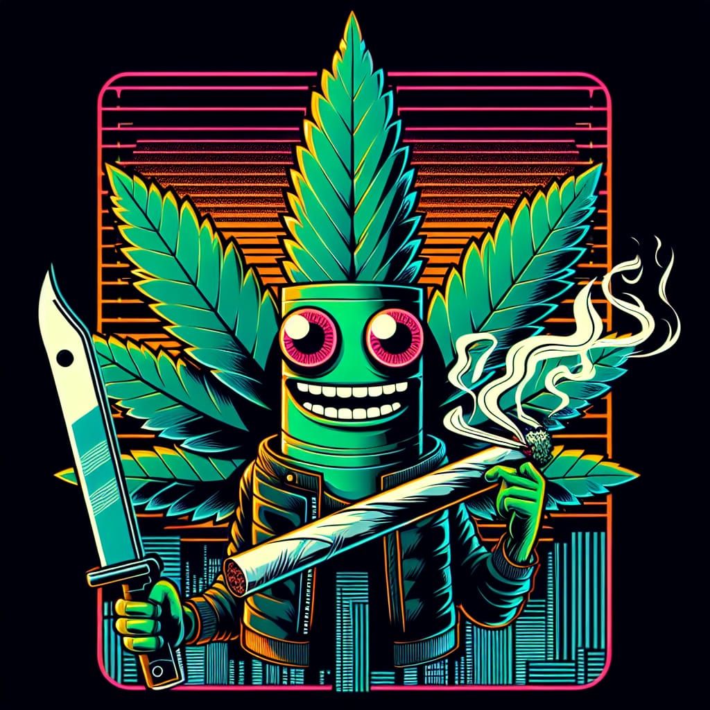 Cyberpunk Cannabis Leaf Smokes in Neon Dystopia