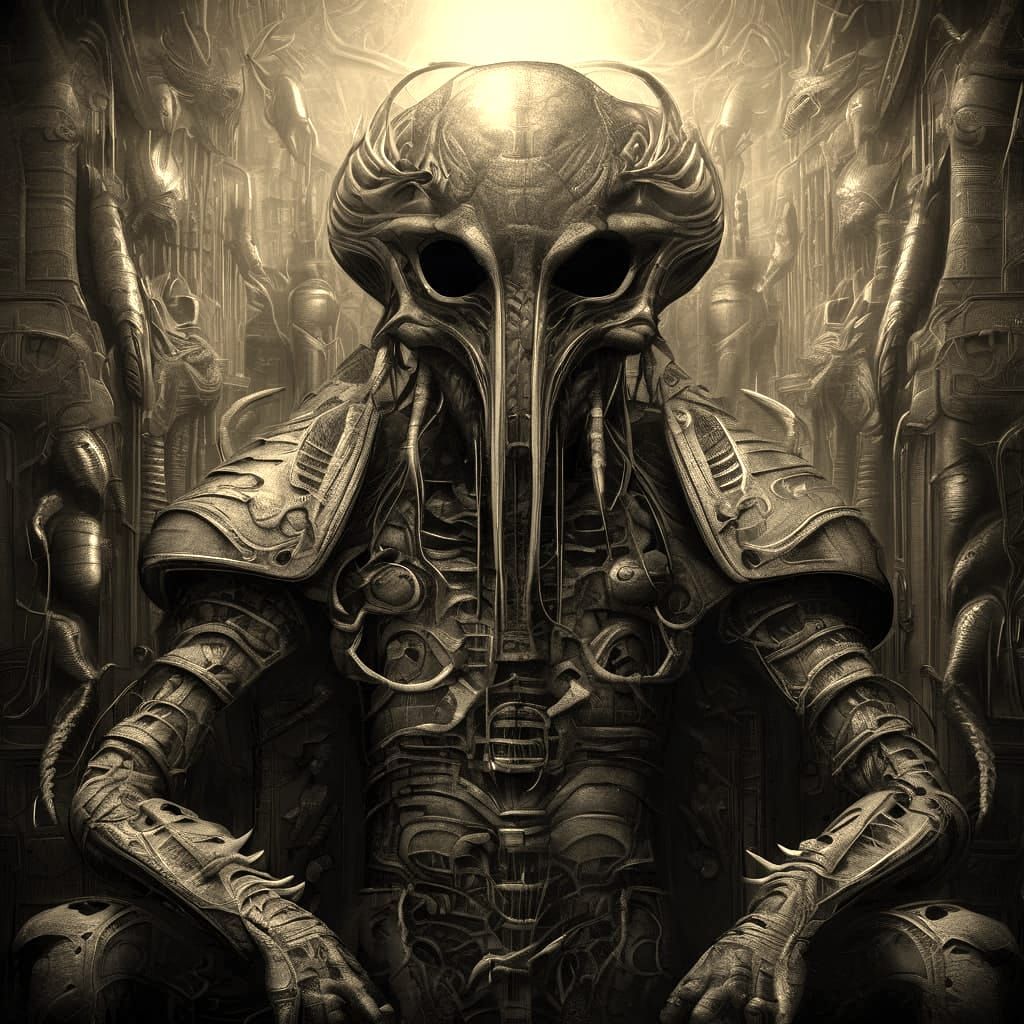 Eerie Insectoid Warrior in Sepia Monochrome Style