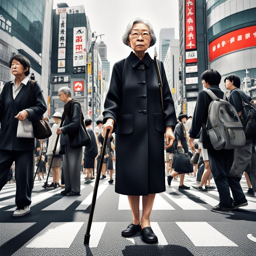 Tall Grandma at Shibuya Crossing, Photorealistic