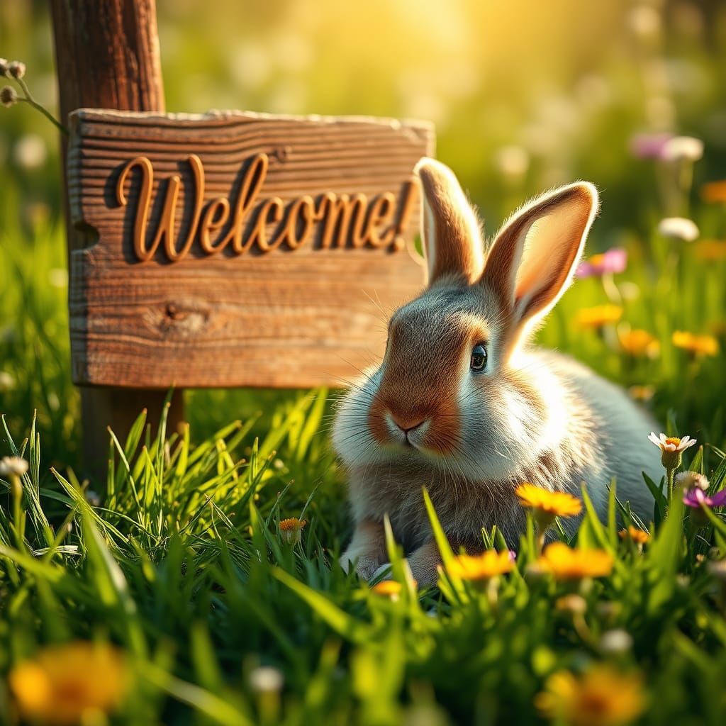 Bunny in Meadow with Welcome Sign