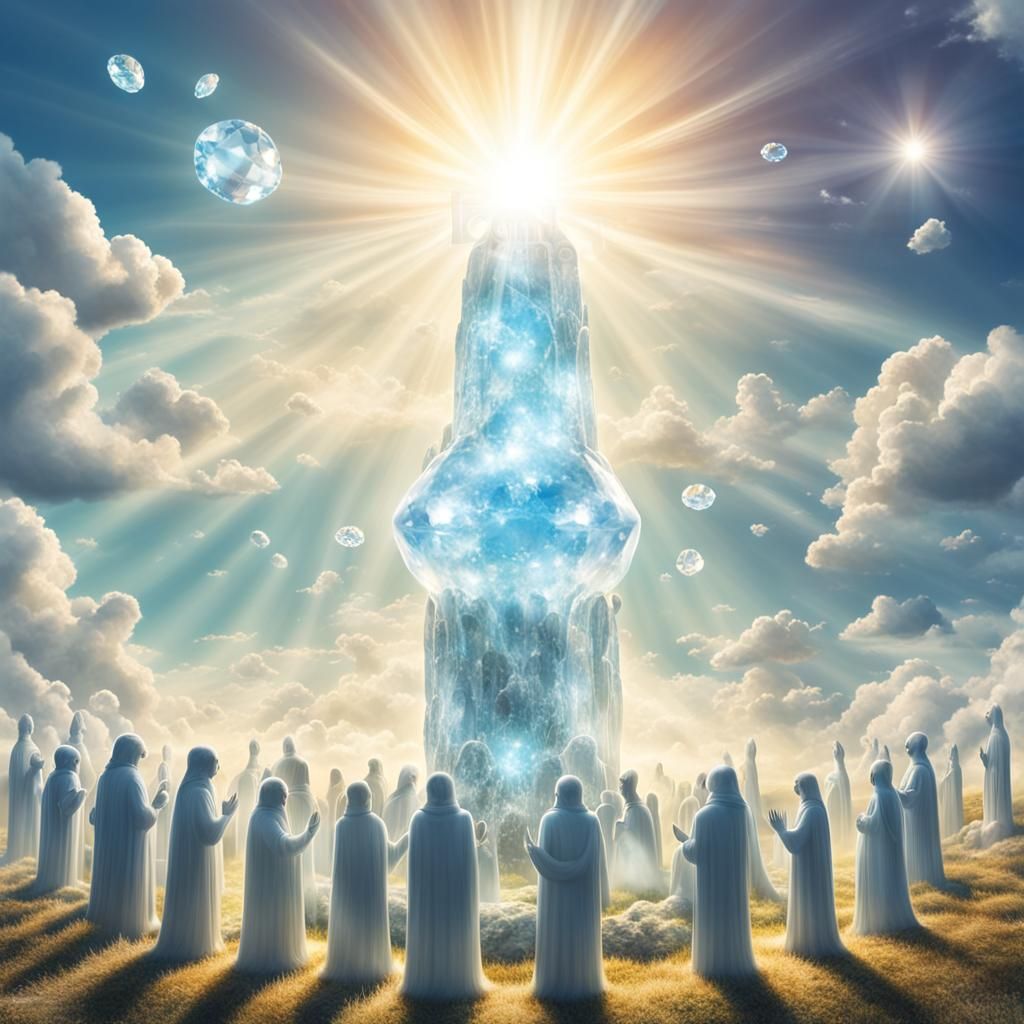 Humanoids Circle a Radiant Crystal