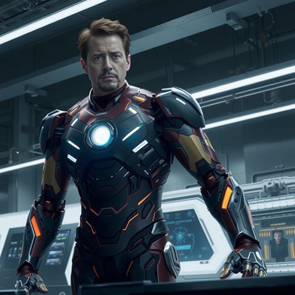 Cinematic film still. Medium shot. Tony Stark, aka Iron Man,...