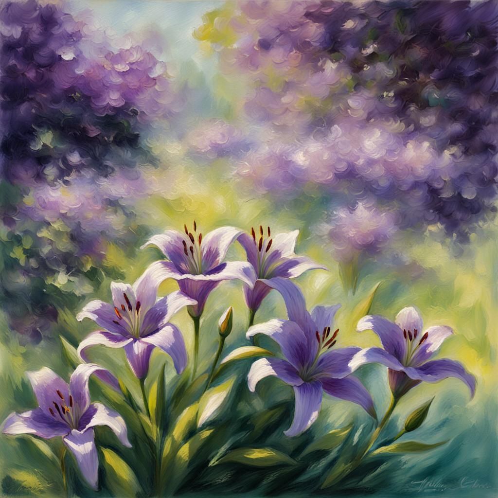 Purple Lilies in Lush Garden as Impressionist Painting