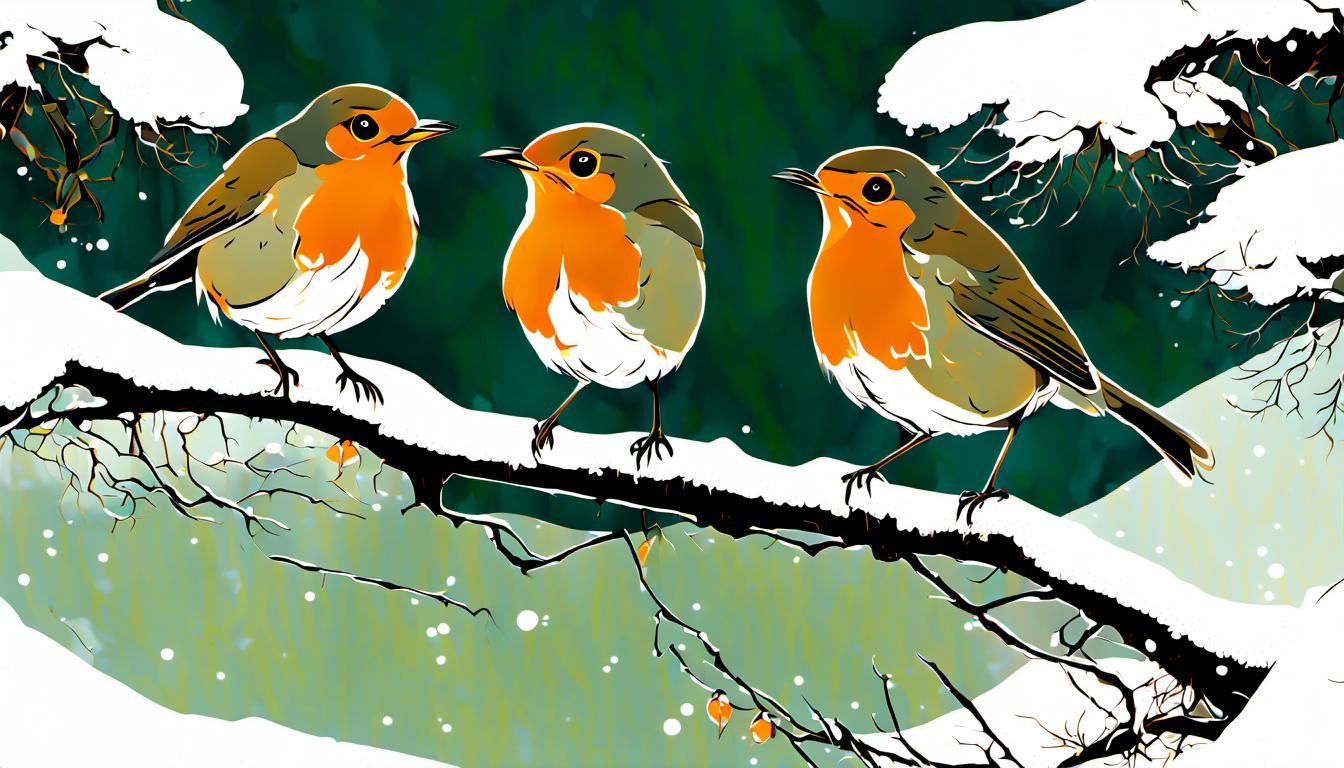 Robins and Winter Aconite in Abstract Art