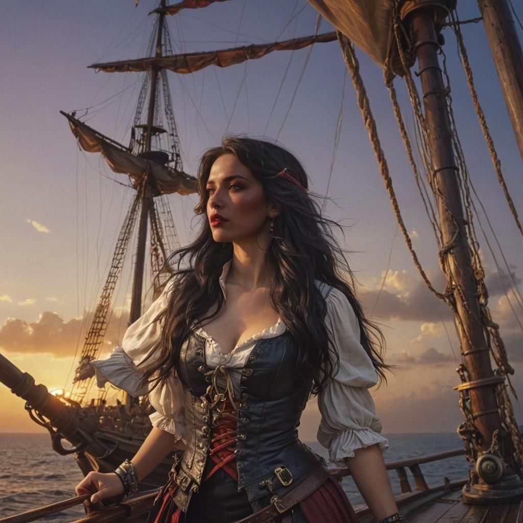 Pirate Woman Gazing at Sunset Islands