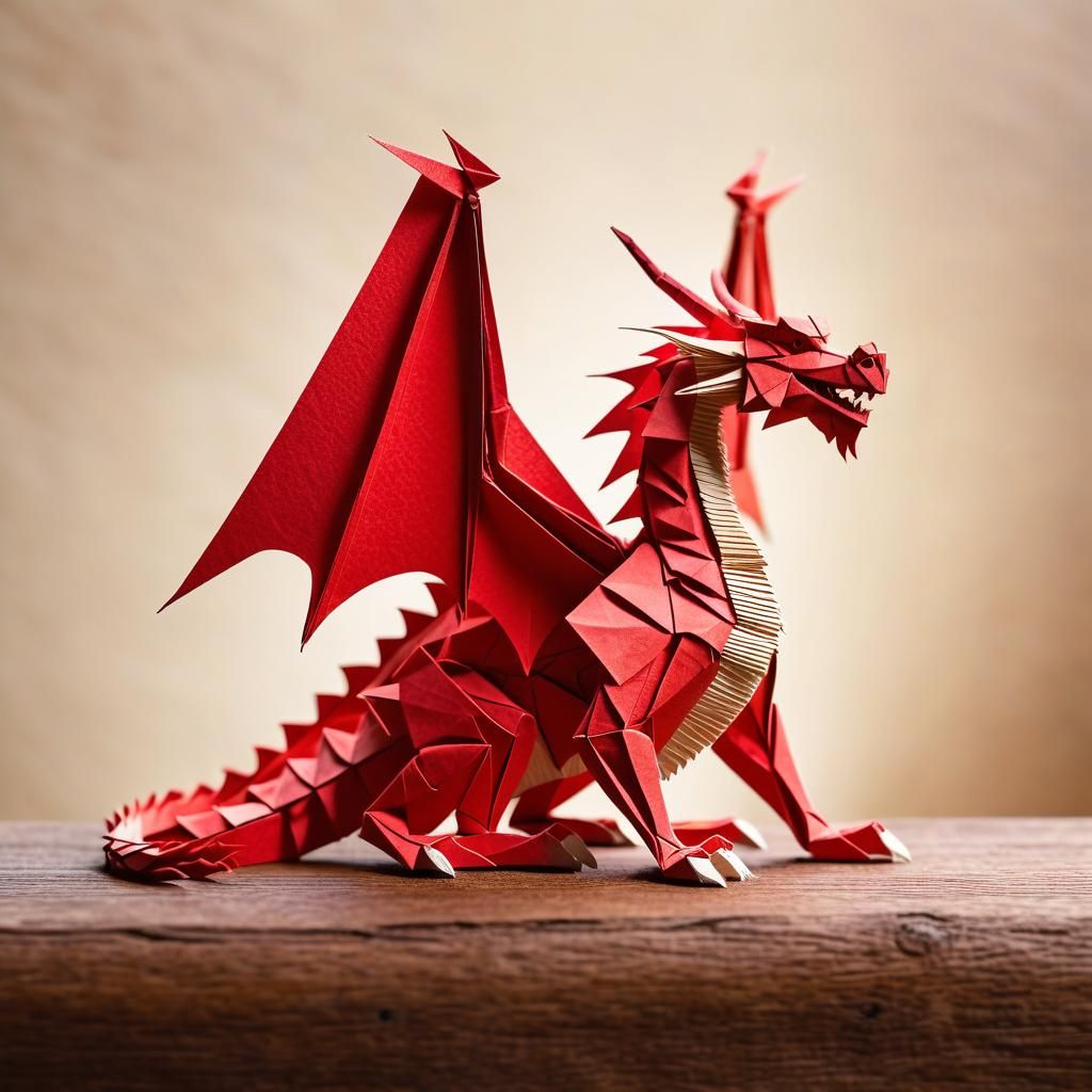 Red Origami Welsh Dragon on Wooden Table