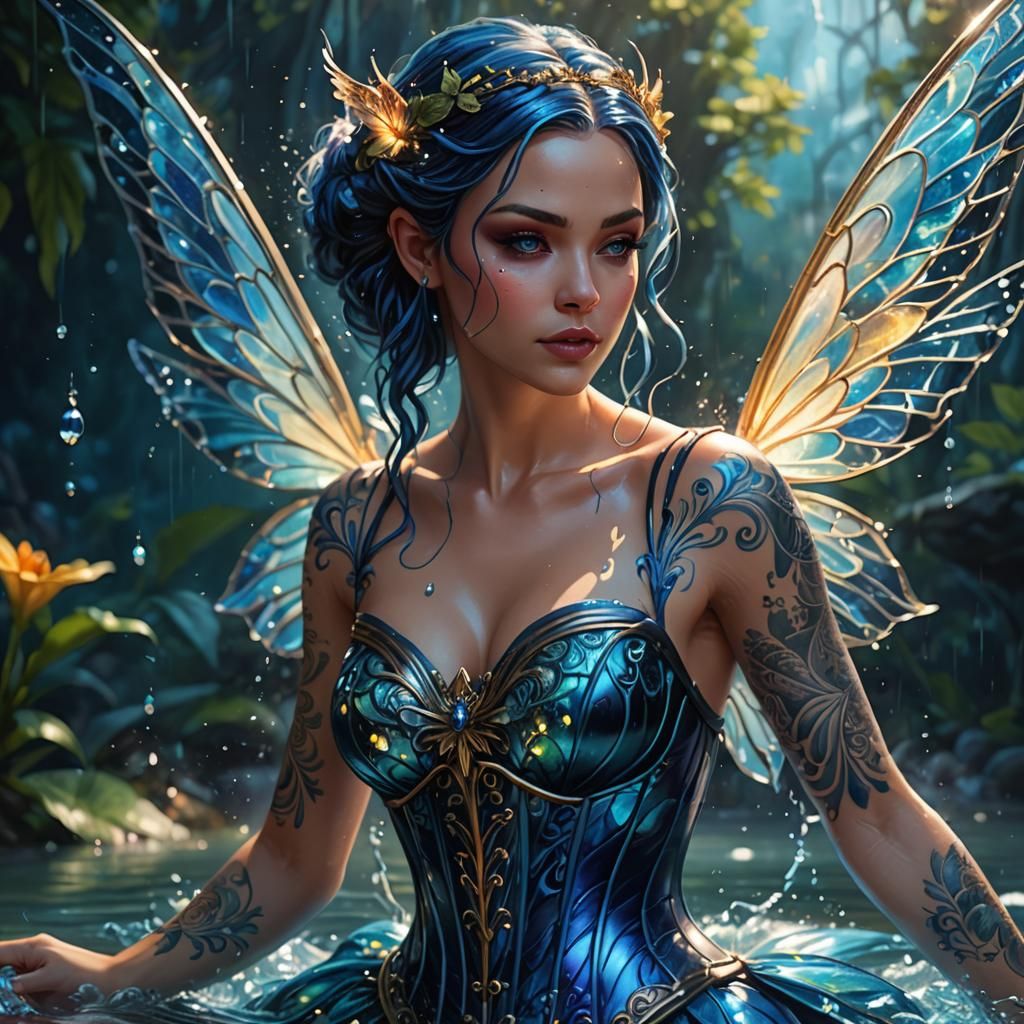 Tattooed Fairy Splashing in Lake, Digital Art