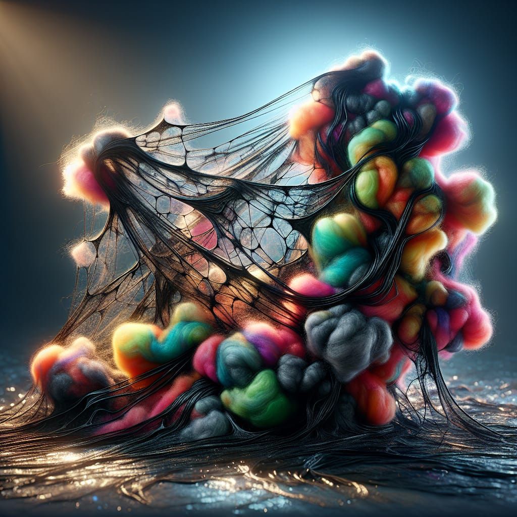 Vibrant Felted Wool Art in Whimsical Black Thread Webs