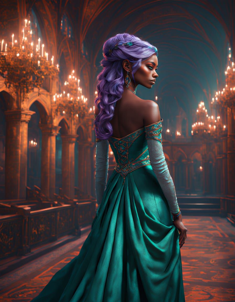 Elegant Dark Fantasy Elf in Medieval Hall