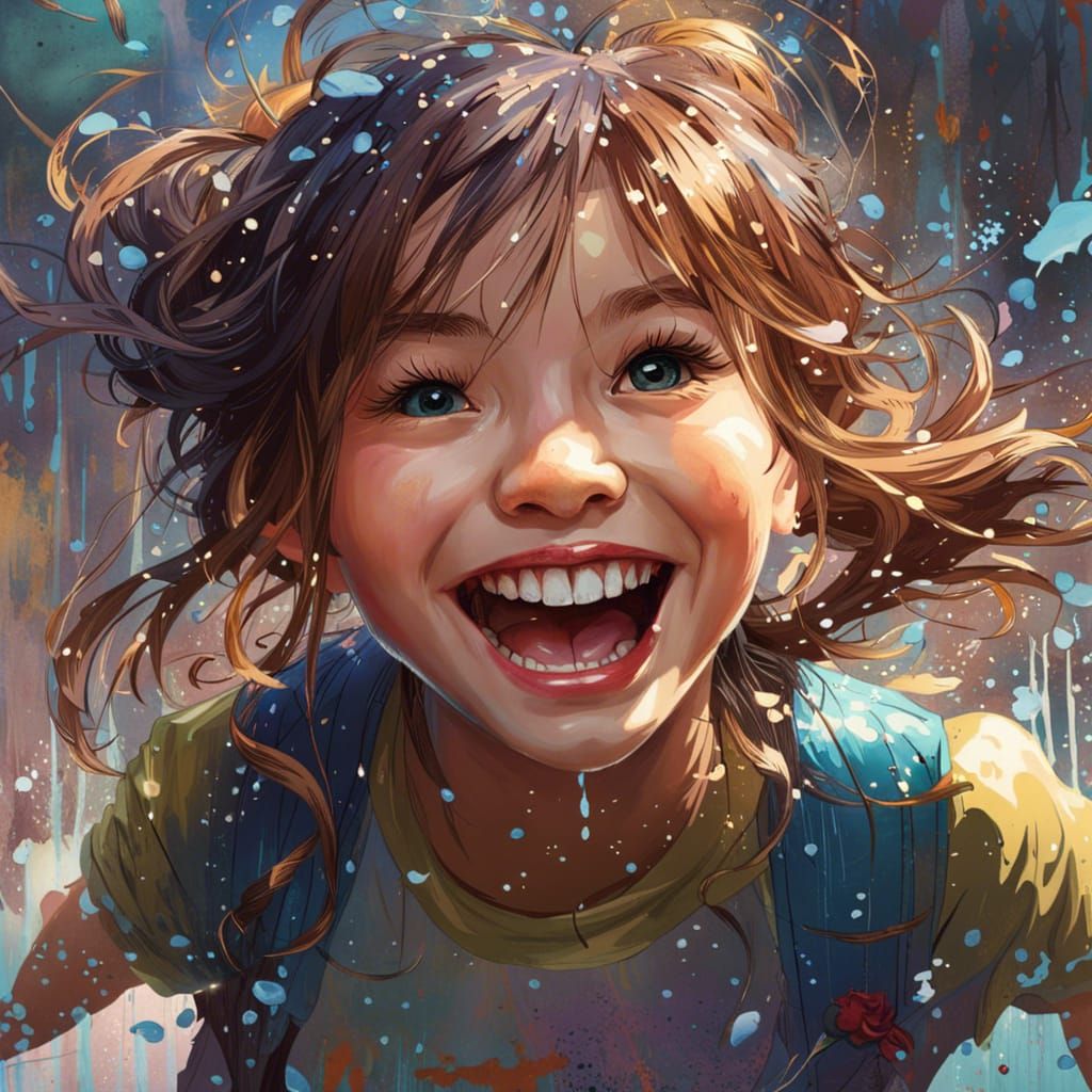 Girl Laughing and Jumping in Puddle, Digital Art