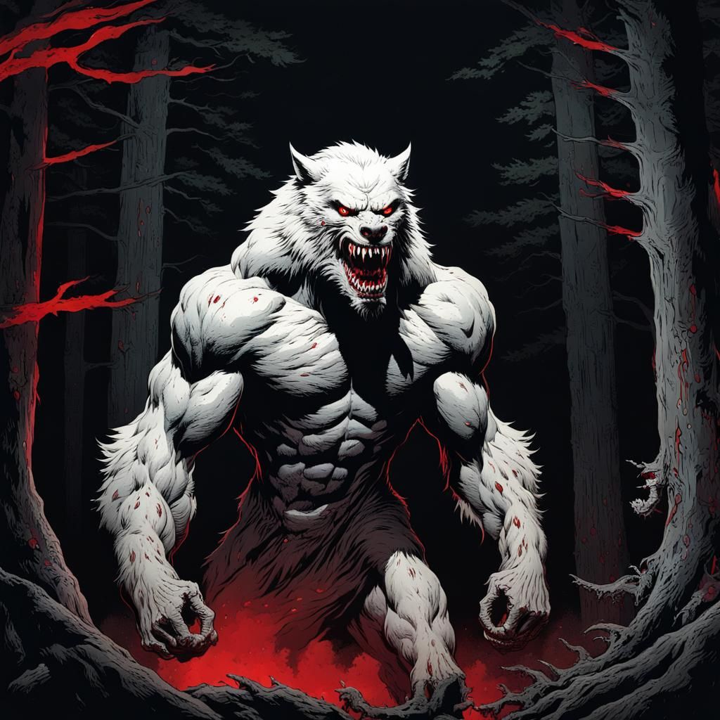 Fearsome White Werewolf in Dark Forest, Horror Art