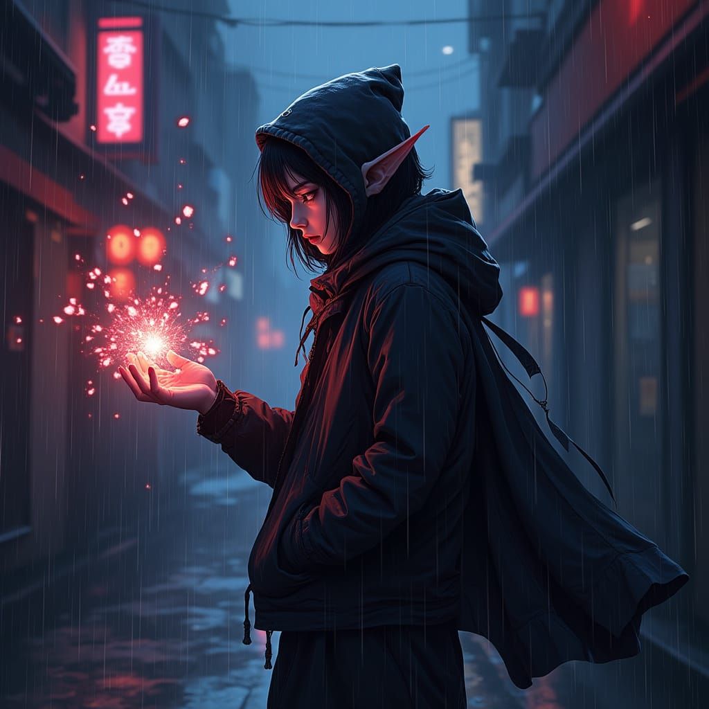 Mysterious Elf Casting Spell in Neon Alley