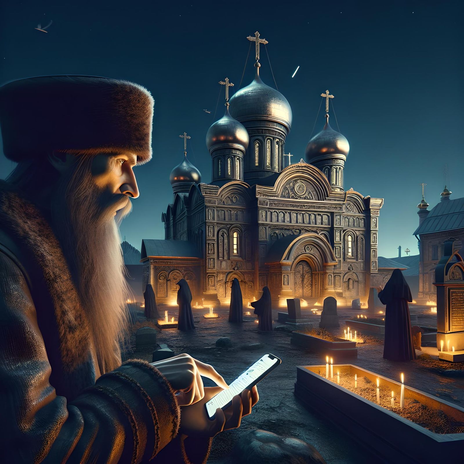 Rasputin with Smartphone in Sci-Fi Church