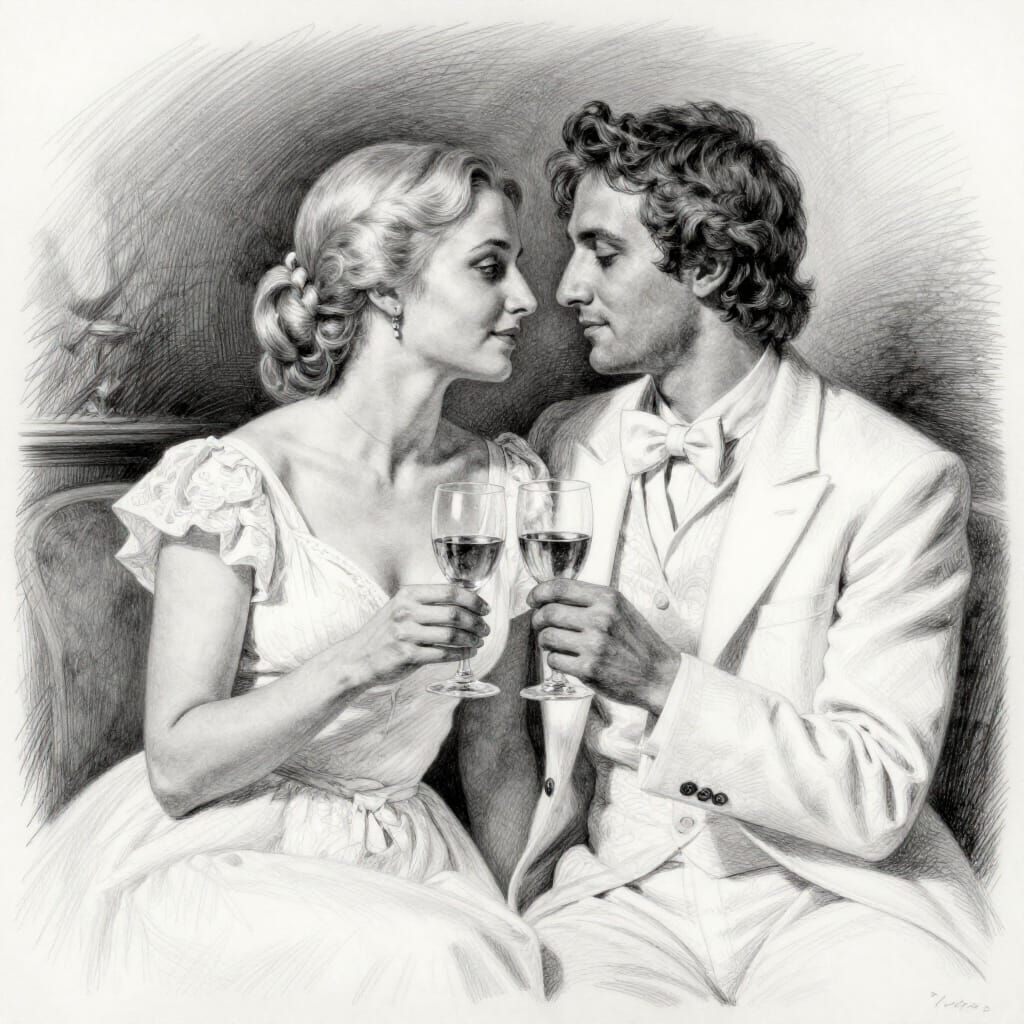 Romantic Couple in White Attire Pencil Drawing