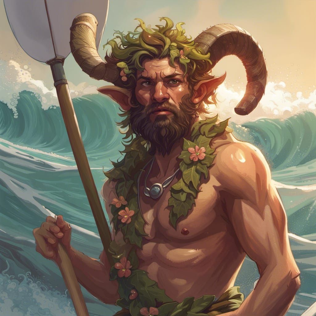 Satyr Druid Portrait on Paddleboard in Detailed Digital Art