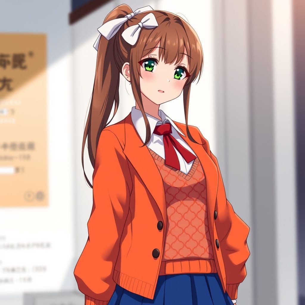 Japanese School Girl in Elegant, Vibrant Outfit with Emerald...