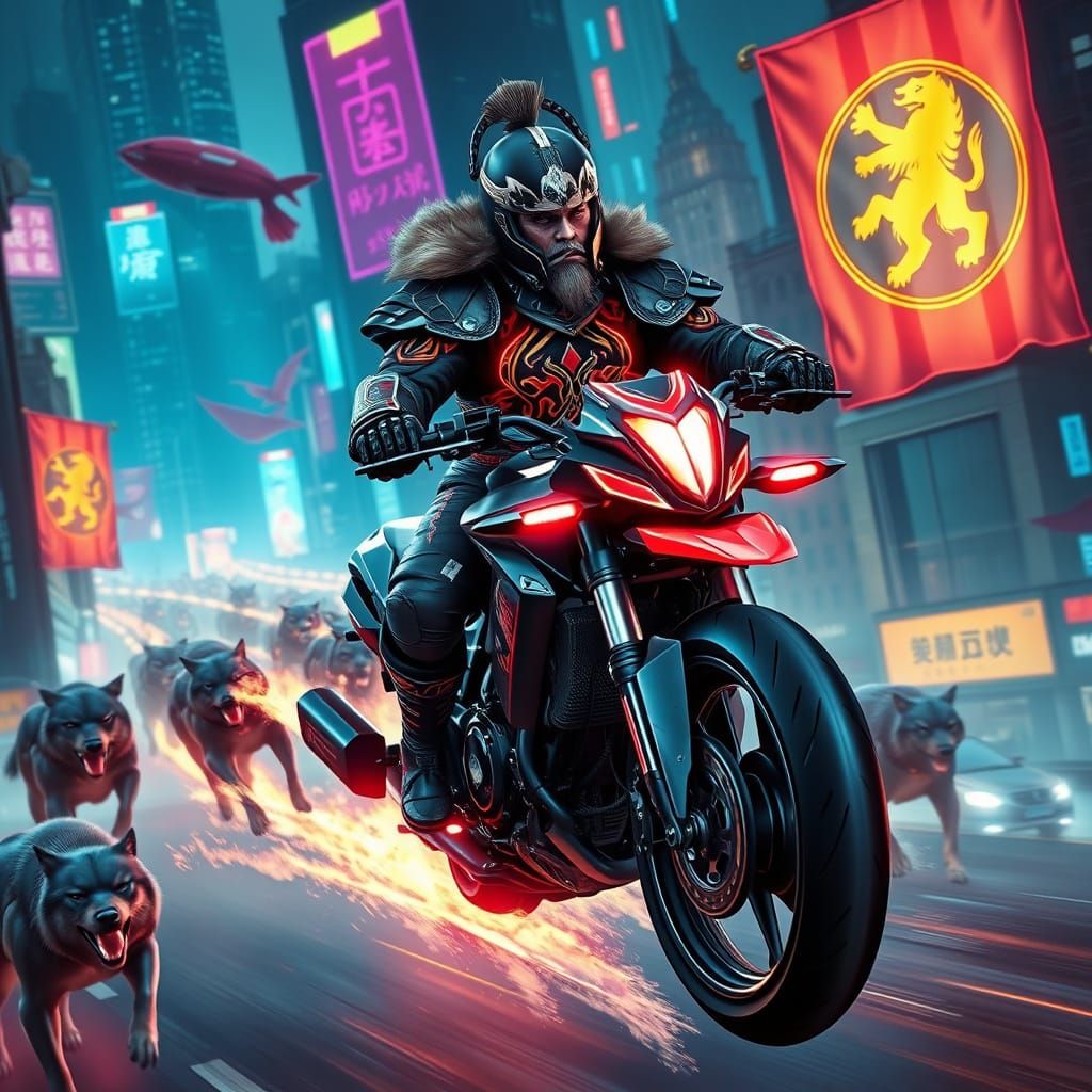 Cyberpunk Genghis Khan Rides Through Future City