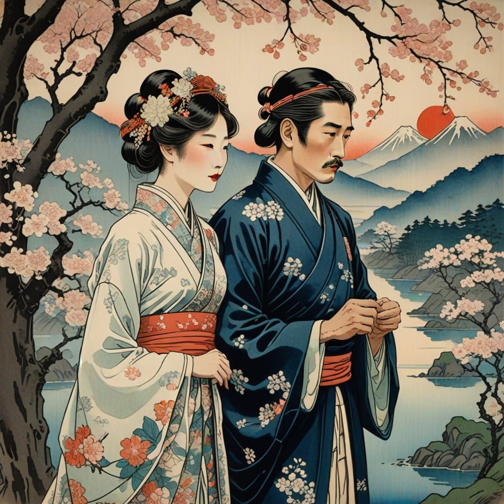 Ethereal Oriental Wedding Scene in Art Nouveau Style