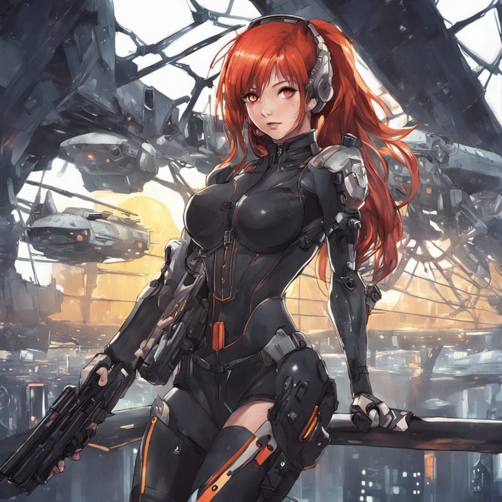 Redhead Warrior on Spaceship Bridge in Anime Style