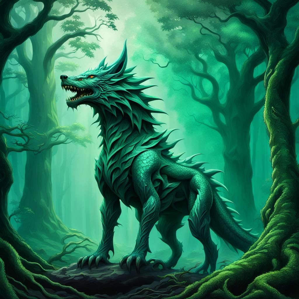 Dragon-Wolf Hybrid in Misty Forest: Fantasy Concept Art