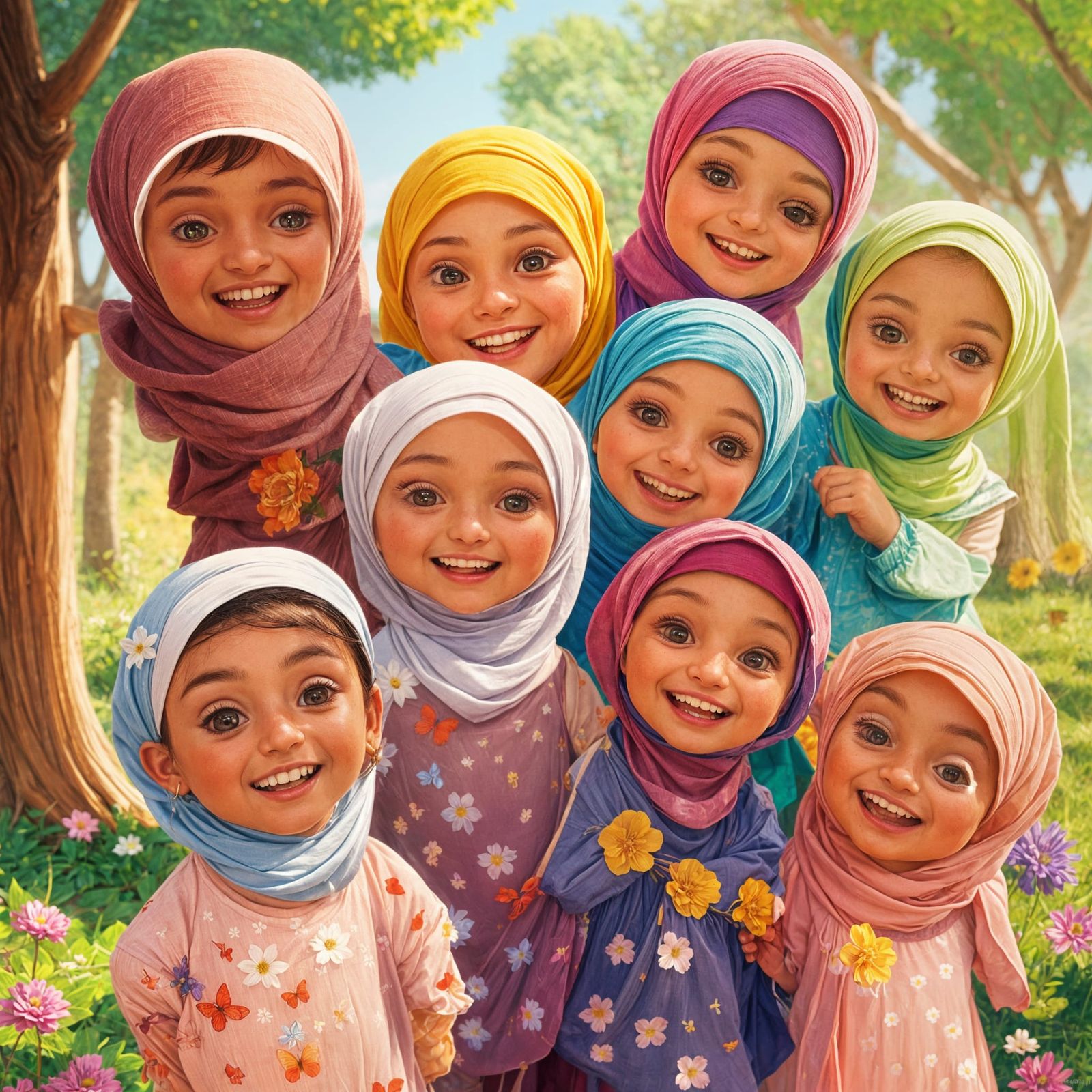 Smiling Children in Sunny Park, Hyperdetailed Portrait