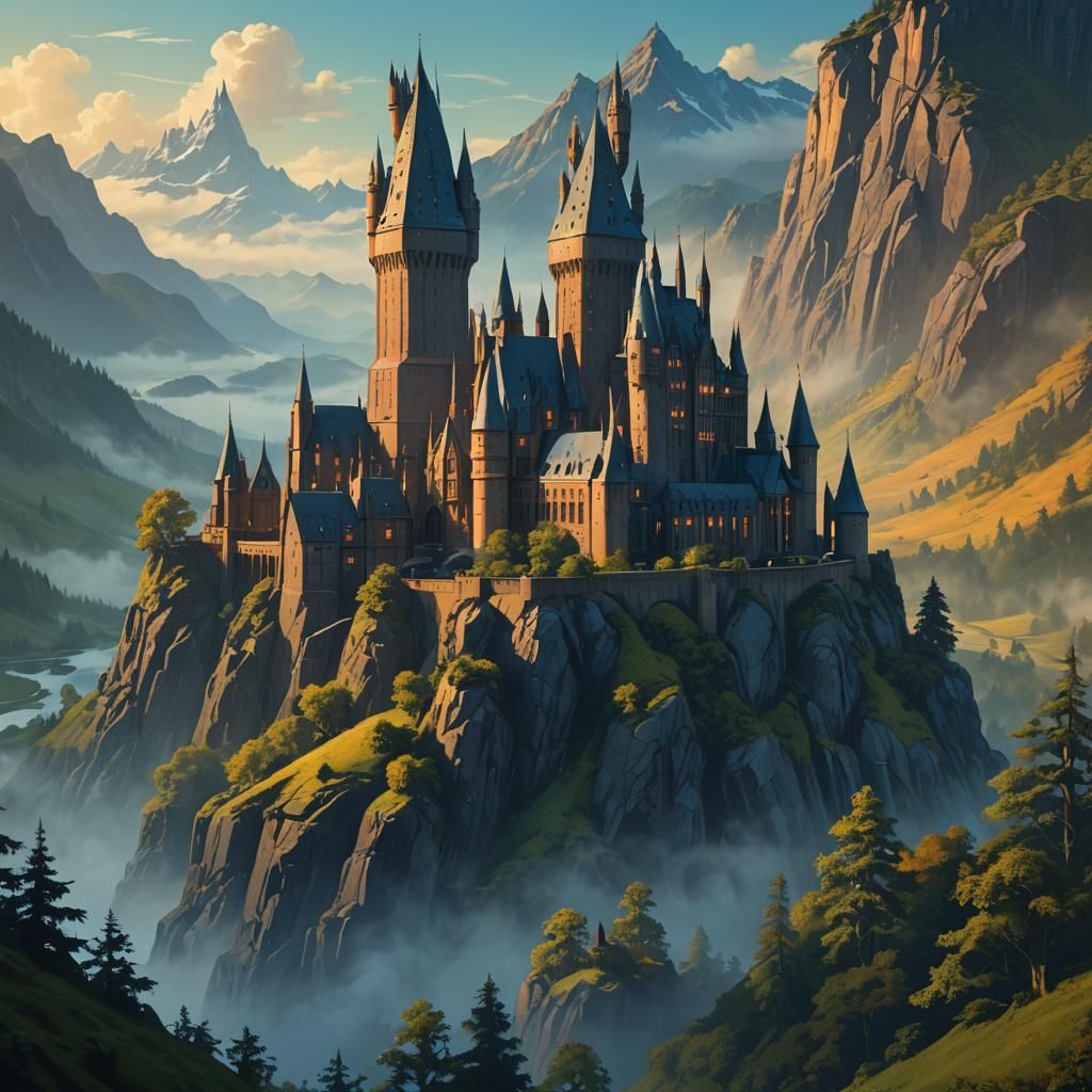 Majestic Castle Amidst Misty Mountains, Fantasy Concept Art