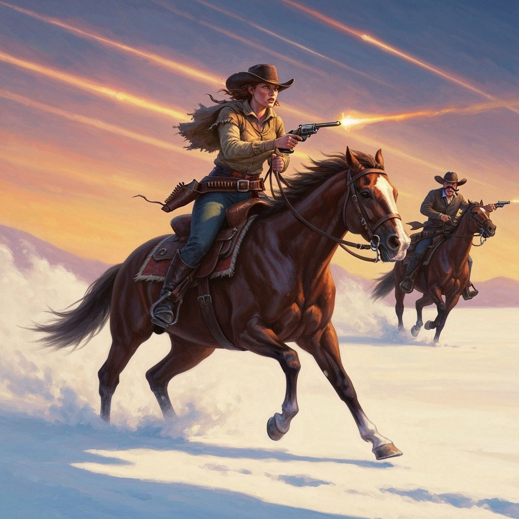 Cowgirl and Villain Duel on Snowy Plains
