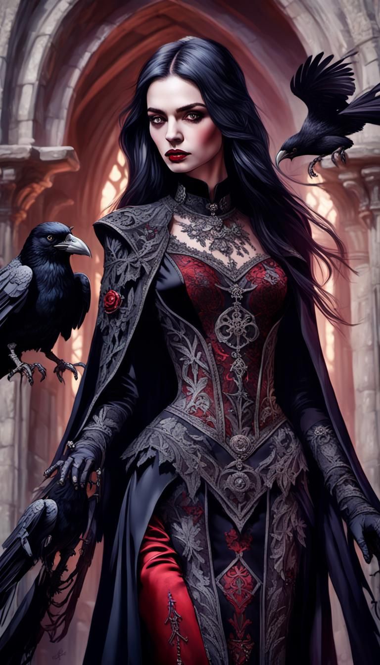 Mysterious Gothic Woman with Raven in Dark Academia Style