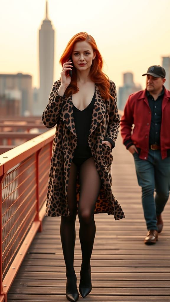 Woman on NYC Bridge at Dawn/Dusk in Magazine Style