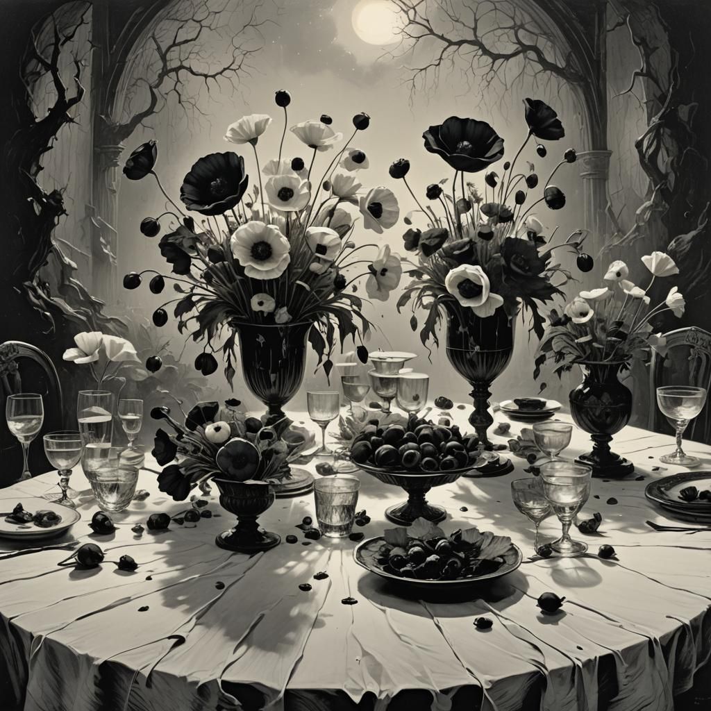 Gothic Black and White Poppies in Glass
