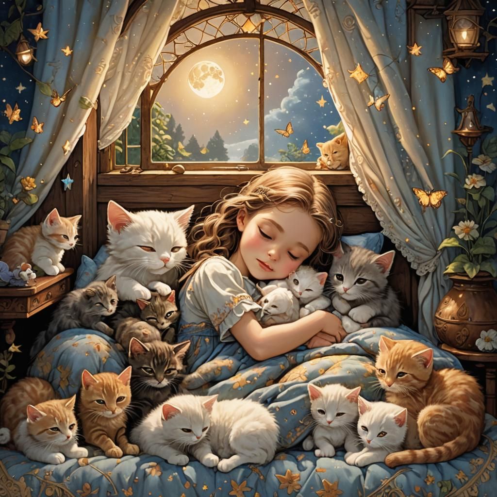 Sleeping Girl Surrounded by Kittens in Dreamy Cottage