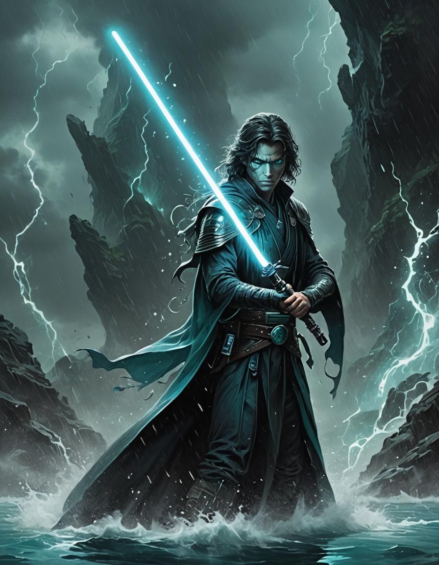 Dark Warrior with Water Lightsaber in Ominous Mist