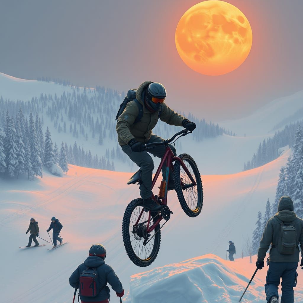 Courier Jumps Ski Slope Under Orange Moon in Futuristic Styl...